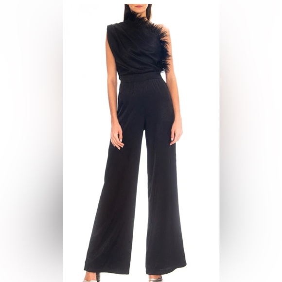 Azulu Bosawa Feather-Trimmed Satin JacquardJumpsuit Black Size XS